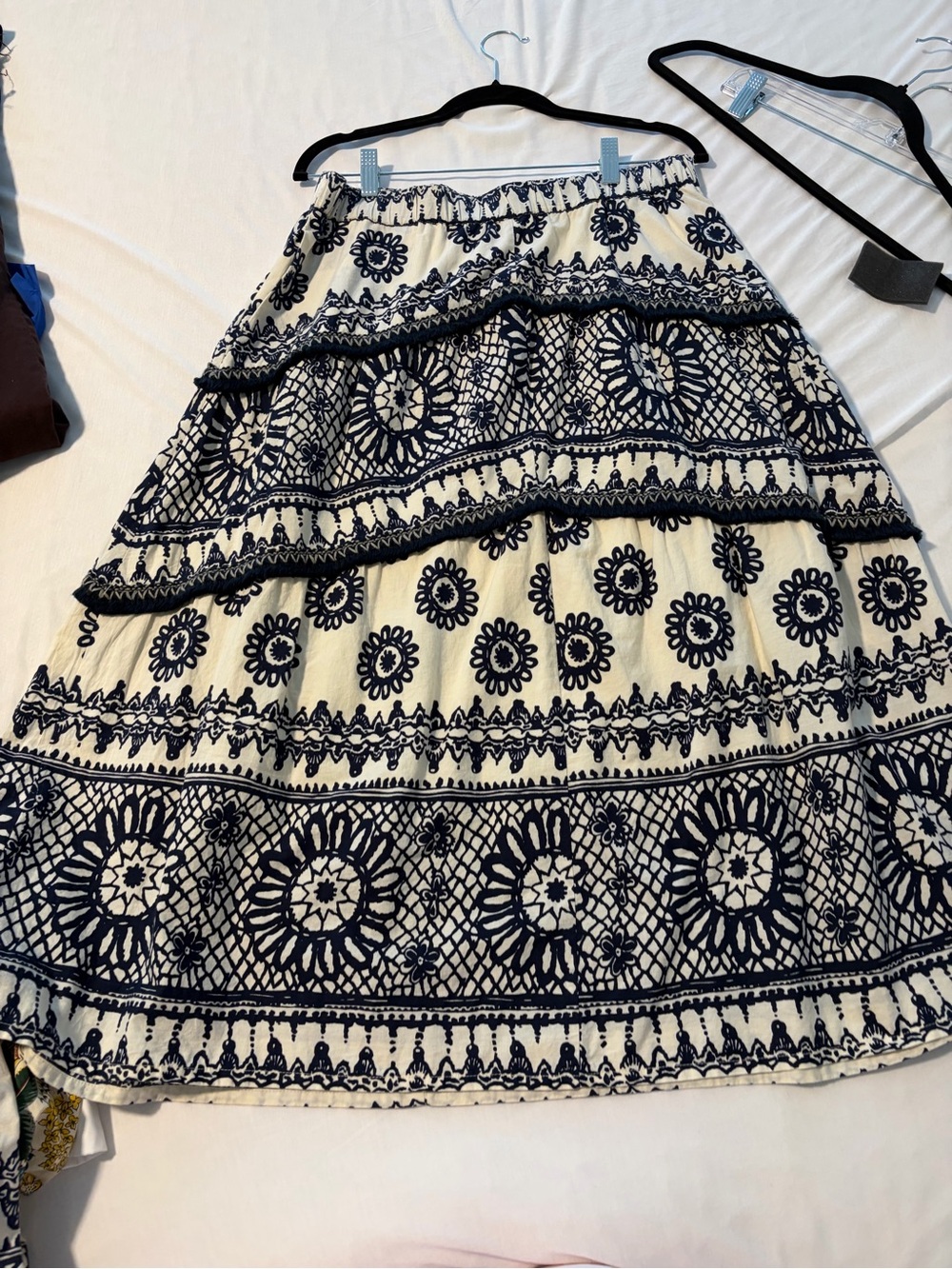 Tiered Cream Midi Skirt with Navy Floral Embroidery